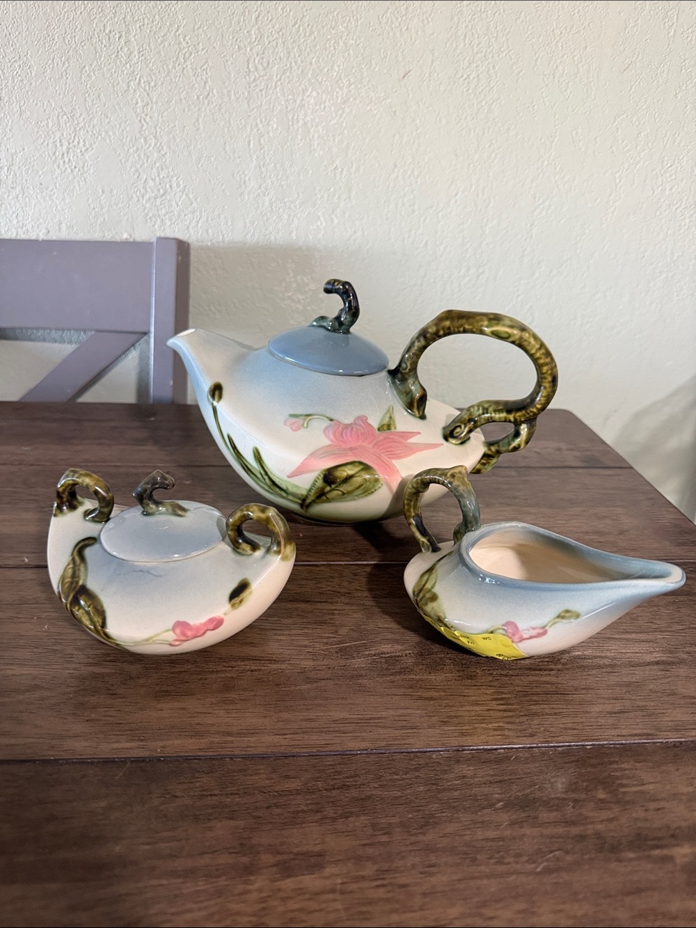 Vintage Hull Pottery Woodland Tea Set Teapot Creamer Sugar Bowl Signed 1950's - Picture 1 of 12